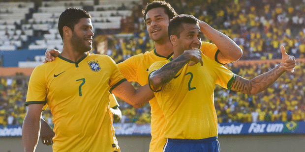 Brazil's Hulk, left, and Fred, centre, are two contenders for the golden boot prize. Photo / Getty