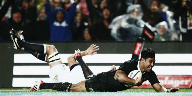 All Black wing Julian Savea scores his second try of the night during the third test between the All Blacks and England at Waikato Stadium in Hamilton. Photo / Getty Images