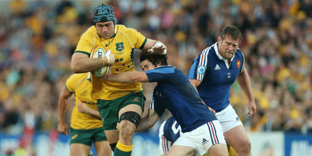 James Horwill of the Wallabies is tackled during the test match between Australia and France at Allianz Stadium in Sydney. Photo / Getty Images