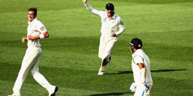 Tim Southee made the first breakthrough, dismissing Murali Vijay as India chase 407 to win the first test. Photo / Getty