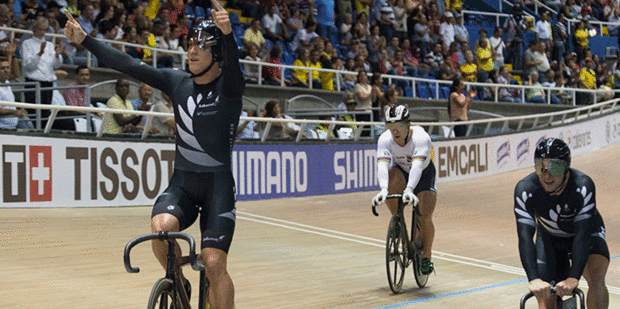 Ethan Mitchell celebrates the New Zealand sprint team's victory at the world championships. Photo / Guy Swarbrick