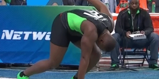 Mississippi State defensive lineman Chris Jones had trouble staying upright as he finished his 40 yard dash attempt at the NFL combine. Photo / Youtube.