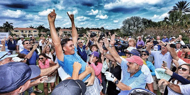 Rickie Fowler celebrates his hole in one. Photo / Twitter.