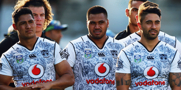 Roger Tuivasa Sheck, Sam Lisone and Shaun Johnson of the Warriors. Photo / Getty Images.