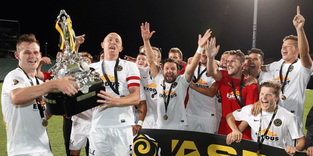 Team Wellington celebrate after winning the ASB Premiership Grand Final match between Auckland City FC and Team Wellington at QBE Stadium. Photo / Getty Images.
