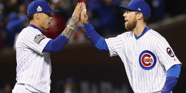 Javier Baez (L) and Ben Zobrist of the Chicago Cubs celebrate after beating the Cleveland Indians 3-2 in game five. Photo / Getty.