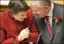 Michael Cullen and Prime Minister Helen Clark congratulate each other after the Budget speech. Marty Melville / Getty Images Michael Cullen and Prime Minister Helen Clark congratulate each other after the Budget speech. Marty Melville / Getty Images
