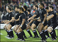 The All Blacks strike a familiar pre-match pose as the off-pitch battle for the Ka Mate haka raged on. Picture / Greg Bowker. The All Blacks strike a familiar pre-match pose as the off-pitch battle for the Ka Mate haka raged on. Picture / Greg Bowker.