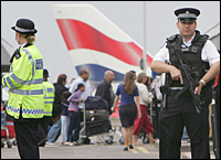 An armed police officer patrols Heathrow Airport. Picture / Reuters An armed police officer patrols Heathrow Airport. Picture / Reuters