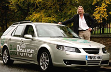 Sir Richard Branson with his eco-friendly Saab 9-5 BioPower station wagon. Sir Richard Branson with his eco-friendly Saab 9-5 BioPower station wagon.