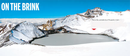 The red pointer shows where the Crater Lake on Mt Ruapehu gave way forming a lahar which cascaded down the mountain. Photo / Greg Bowker The red pointer shows where the Crater Lake on Mt Ruapehu gave way forming a lahar which cascaded down the mountain. Photo / Greg Bowker