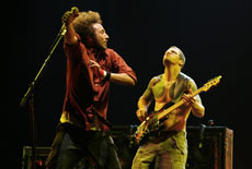 Rage Against The Machine singer Zack de la Rocha and bassist Tim Commerford (R) on stage in the US in July. Photo / Reuters Rage Against The Machine singer Zack de la Rocha and bassist Tim Commerford (R) on stage in the US in July. Photo / Reuters