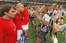 The All Blacks perform the Haka whilst confronted by the French team before their quarter-final in Cardiff. Photo / Getty Images The All Blacks perform the Haka whilst confronted by the French team before their quarter-final in Cardiff. Photo / Getty Images