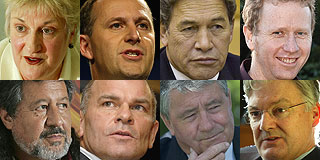 Clockwise from top left: Annette King, John Key, Winston Peters, Russel Norman, Peter Dunne, Jim Anderton, Rodney Hide, Pita Sharples. Clockwise from top left: Annette King, John Key, Winston Peters, Russel Norman, Peter Dunne, Jim Anderton, Rodney Hide, Pita Sharples.