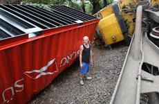 Jonny Bird was standing right here when the train collided with his digger. He made a dive for it as the train derailed. Photo / Bay of Plenty Times Jonny Bird was standing right here when the train collided with his digger. He made a dive for it as the train derailed. Photo / Bay of Plenty Times