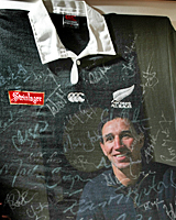 Former All Black lock Ian Jones with the 1996 South Africa series win jersey. Photo / Kenny Rodger Former All Black lock Ian Jones with the 1996 South Africa series win jersey. Photo / Kenny Rodger