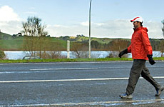 Chris Cairns hits the road near Mercer on his way south. Photo / Paul Estcourt Chris Cairns hits the road near Mercer on his way south. Photo / Paul Estcourt