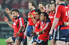 The Munster quartet lay down their challenge in front of and supported by their teammates before the match yesterday. Photo / Getty Images The Munster quartet lay down their challenge in front of and supported by their teammates before the match yesterday. Photo / Getty Images