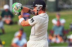 Brendon McCullum swings at the delivery which resulted in his downfall. Photo / Getty Images Brendon McCullum swings at the delivery which resulted in his downfall. Photo / Getty Images