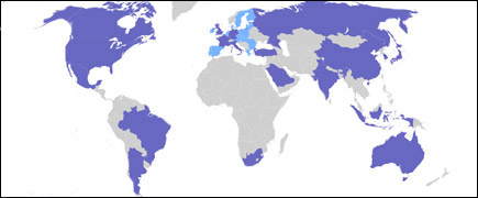 Countries coloured in dark purple are members of the G-20 (light blue are EU members). Countries coloured in dark purple are members of the G-20 (light blue are EU members).
