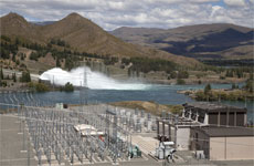 Water spilling from Meridian's Benmore Dam on the Waitaki River. Photo/Simon Baker Water spilling from Meridian's Benmore Dam on the Waitaki River. Photo/Simon Baker
