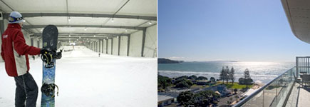 Go skiing at Snowplanet (above left) or walk and swim at Orewa Beach, less than half an hour from Auckland. Photos / Supplied Go skiing at Snowplanet (above left) or walk and swim at Orewa Beach, less than half an hour from Auckland. Photos / Supplied