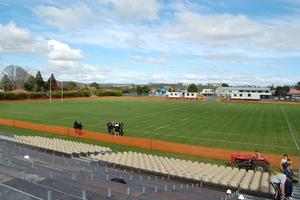 Kerikeri's Domain is readied for the Northland-Auckland game, with the willing help of high school students on work experience and local contractors. Photo / Supplied