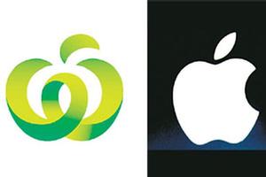 Woolworths' new logo (left) and tech firm Apple's branding. Photos / Supplied