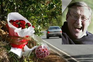 Tributes mark the spot near Helensville where the cream or off-white Toyota ute hit Ian Robinson (inset) on Wednesday. Photos / Brett Phibbs, Supplied Tributes mark the spot near Helensville where the cream or off-white Toyota ute hit Ian Robinson (inset) on Wednesday. Photos / Brett Phibbs, Supplied