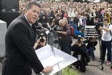 Brian Tamaki speaks to his followers at an anti-smacking rally. Photo / Mark Mitchell Brian Tamaki speaks to his followers at an anti-smacking rally. Photo / Mark Mitchell