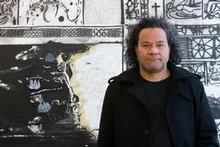 John Pule in front of his artwork 'Arrival'. Photo / Richard Robinson John Pule in front of his artwork 'Arrival'. Photo / Richard Robinson
