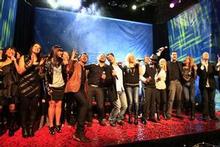 Entertainers and dancers celebrating at the end of the 23-hour Big Night In Telethon. Photo / Martin Sykes Entertainers and dancers celebrating at the end of the 23-hour Big Night In Telethon. Photo / Martin Sykes