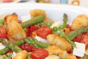 Leftover ham, peas, asparagus, shallots and garlic croutons. Photo / Supplied