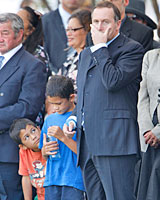 Te Ao Kohatu, 6 (L), and Tumai, 7, keep the PM company during the powhiri at Te Tii Marae. Photo / Brett Phibbs Te Ao Kohatu, 6 (L), and Tumai, 7, keep the PM company during the powhiri at Te Tii Marae. Photo / Brett Phibbs
