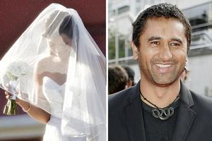 The bride wore a strapless white dress with a sweetheart neckline, and a veil that reached to her ankles. Cliff Curtis (right) wanted a private wedding. Photos / Doug Sherring, Getty Images