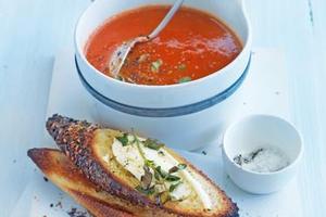 Tomato and capsicum soup with goat's cheese toast. Photo / Supplied