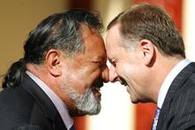 Pita Sharples (left) said the announcement restored the mana and moral authority of Maori to speak in international forums on justice, rights and peace matters. Photo / Steven McNicholl Pita Sharples (left) said the announcement restored the mana and moral authority of Maori to speak in international forums on justice, rights and peace matters. Photo / Steven McNicholl