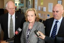 Department of Corrections Chief Executive Barry Matthews, Minister of Corrections Judith Collins, and Prison Services Manager Harry Hawthorn at a press conference following the death of prison guard Jason Palmer. Photo / NZPA Department of Corrections Chief Executive Barry Matthews, Minister of Corrections Judith Collins, and Prison Services Manager Harry Hawthorn at a press conference following the death of prison guard Jason Palmer. Photo / NZPA