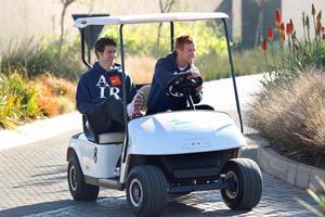 Tony Lochhead (left) and Aaron Clapham get their bearings at the Serengeti Golf and Wildlife Estate. Photo / Brett Phibbs