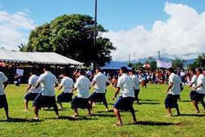 Manu Samoa players perform a haka during the celebrations in their honour in Apia yesterday. Photo / Cherelle Jackson