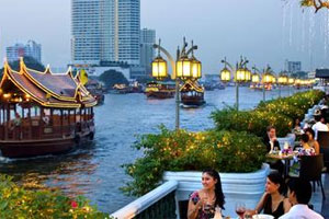 The River Terrace and the Chao Praya River at dusk. Photo / Jill Worrall