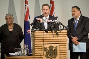 John Key, with Maori Party co-leaders Tariana Turia and Pita Sharples, announces their agreement to scap the Foreshore and Seabed Act. Photo / Mark Mitchell