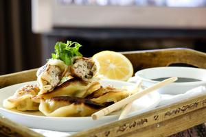 Chicken and cashew dumplings, black vinegar. Photo / Babiche Martens