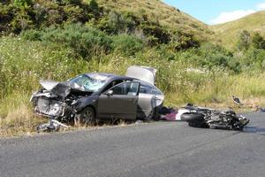James Aitken of Te Kuiti died and his wife Jaqueline was badly hurt when their motorbike and this car collided. Photo / Youthtown Trust Rescue Helicopter