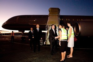 Prime Minister John Key is greeted by deputy high commissioner Suzannah Jessep (right) and chief of protocol Elena Haines on his arrival in Vanuatu. Photo / Mark Mitchell