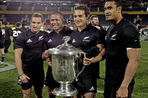 All Blacks celebrate retaining the Bledisloe Cup in Christchurch. Photo / Getty Images