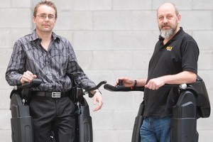 Robert Irving (left) and Richard Little of Rex Bionics with their Robotic Legs that allows paraplegics to walk. Photo / Richard Robinson.