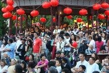 Crowds gather under lanterns at the Chinese Lantern Festival in Auckland's Albert Park. Photo / Paul Estcourt