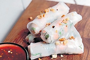 Prawn and mint finger rolls.