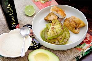 Fried green tomatoes with sprout hummus and roast chicken. Photo / Babiche Martens